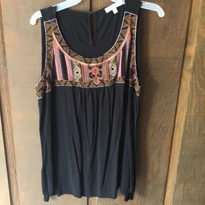 Black Tank Top with Embroidered Neckline